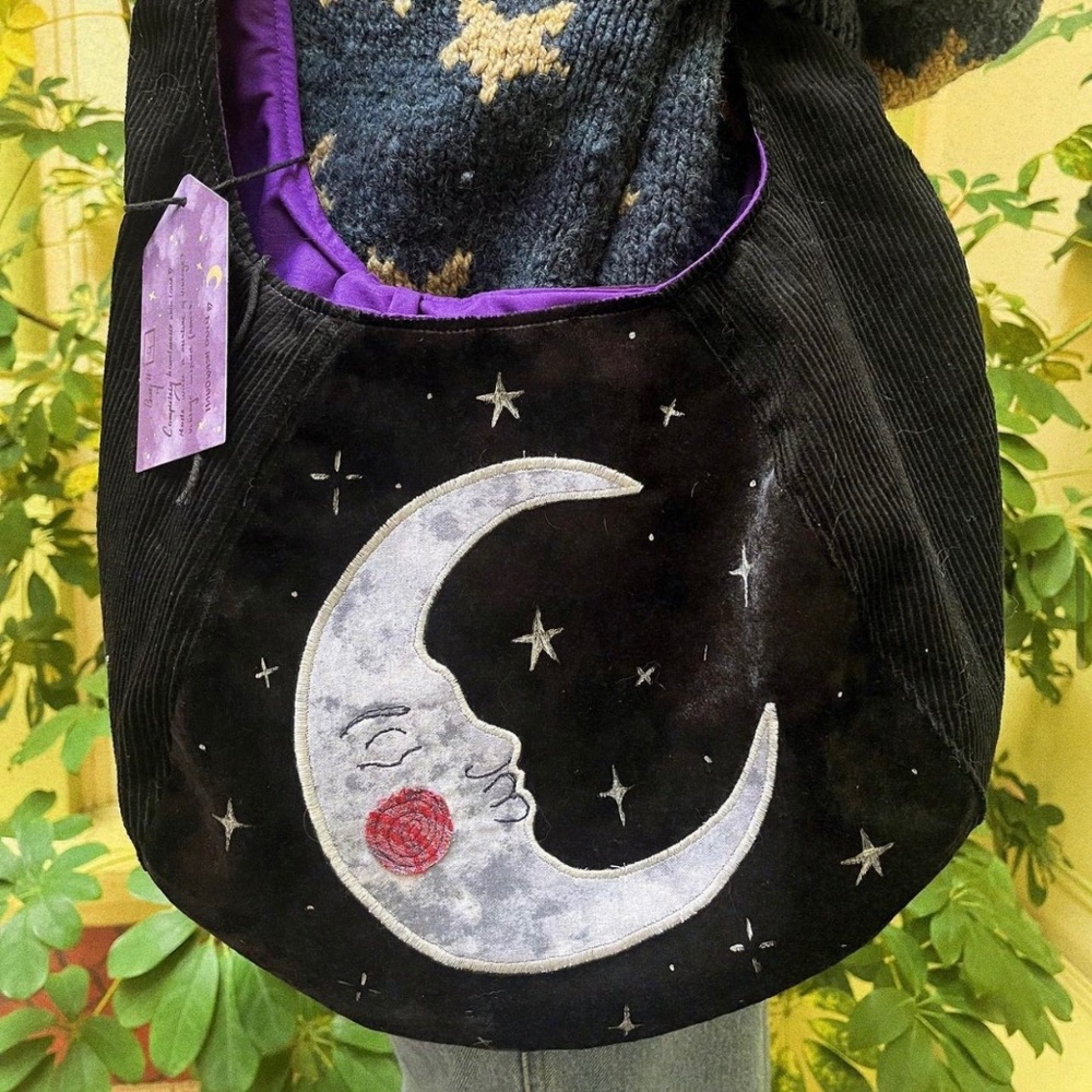 Black Moon Embroidered Shoulder Bag with Purple Lining Sapphic Oracle